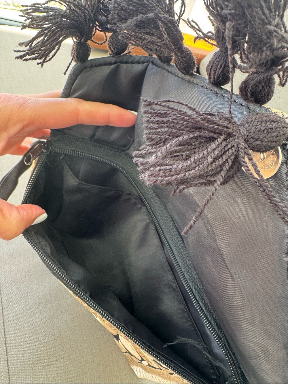 Handmade Mexican Embroidered Clutch Purse | Black & Ivory Tassel Crossbody - Picture 9 of 9